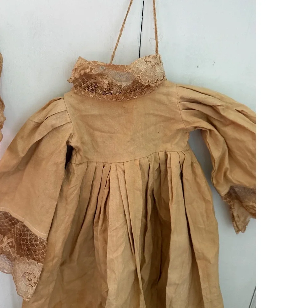 Primitive Antique Style Doll Dress Tan Fair‎ Lace Trim Victorian Prairie
